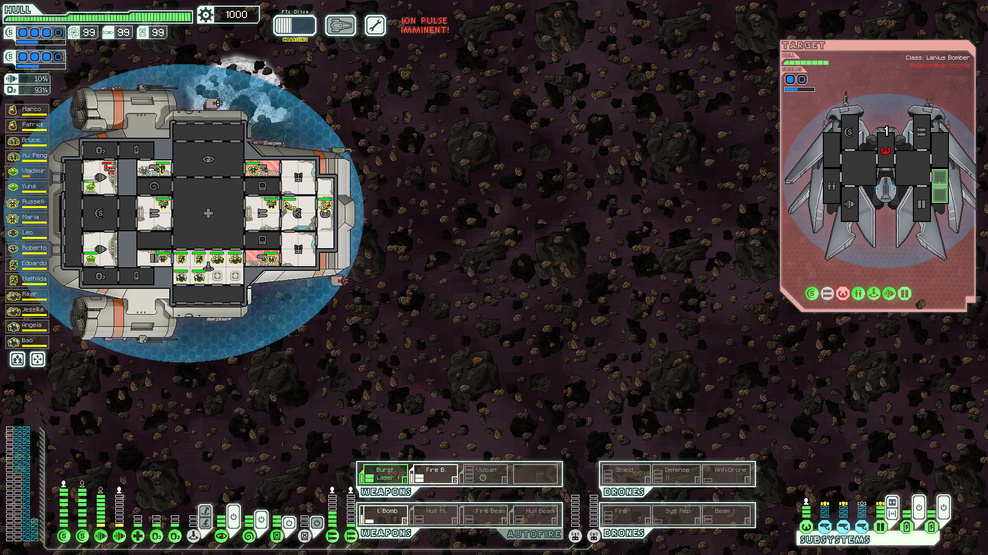 Ion storm with asteroids and a pulsar